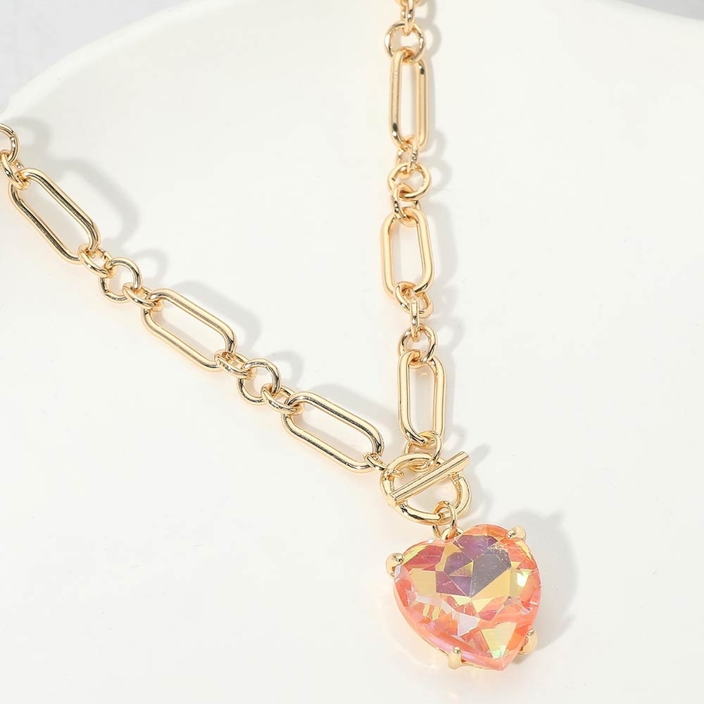 Ab Pink Heart Toggle Paperclip Link Crystal Pendant Necklace Gold Jewelry Chain